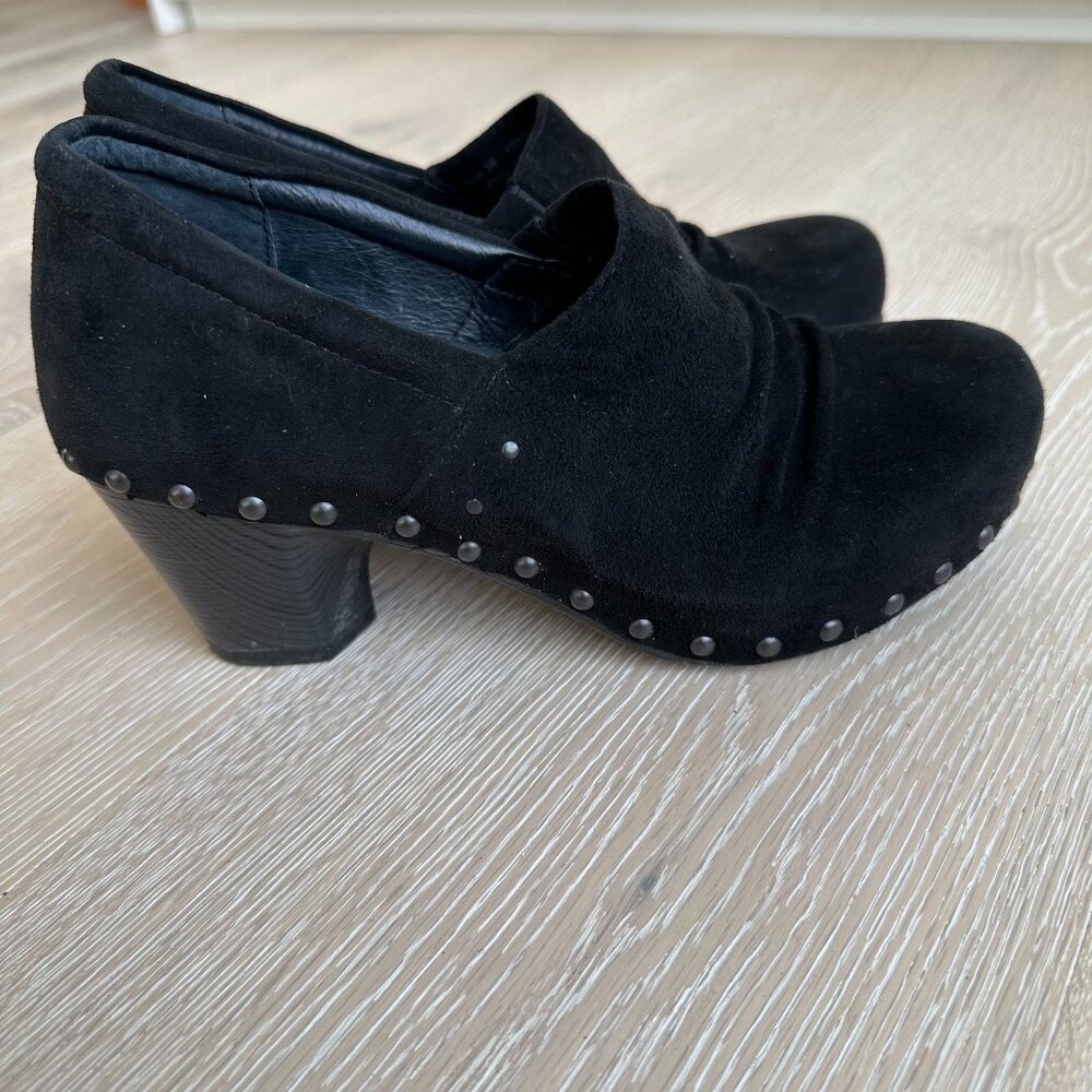 Black Suede Dansko Heeled Clogs